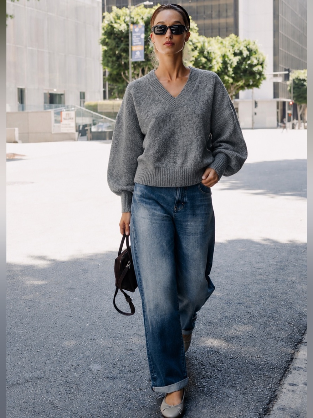 ZARA Gray Wool Blend Cropped V-Neck Oversized Sweater
